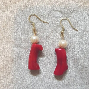 Patch & Roam Red Coral and faux pearl dangle earrings Habdmade Upcycle